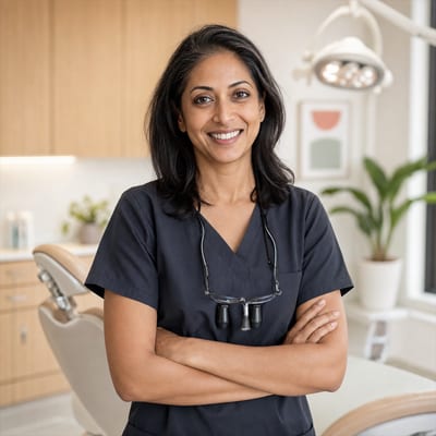 Dr. Priya Raman, general and cosmetic dentist, smiling in the treatment room
