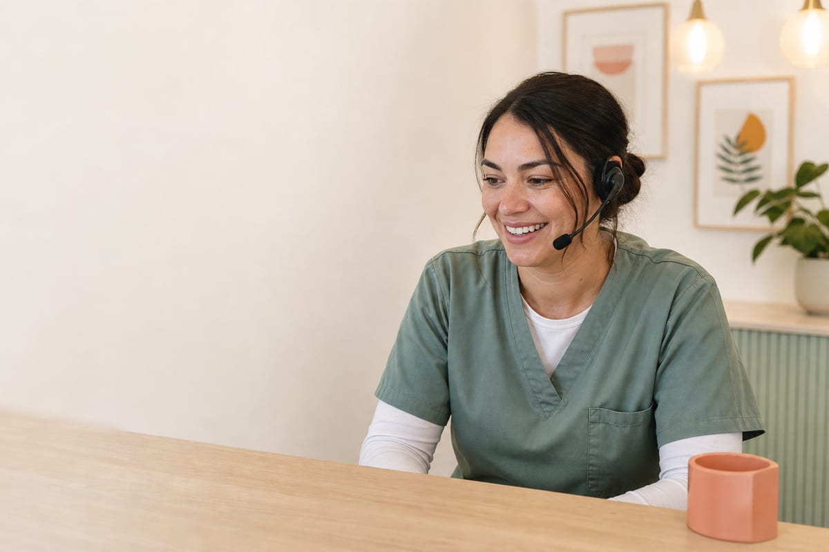 Maya, the front-desk coordinator at Northlake Dental Studio, answering a call on her headset at the light-oak reception desk