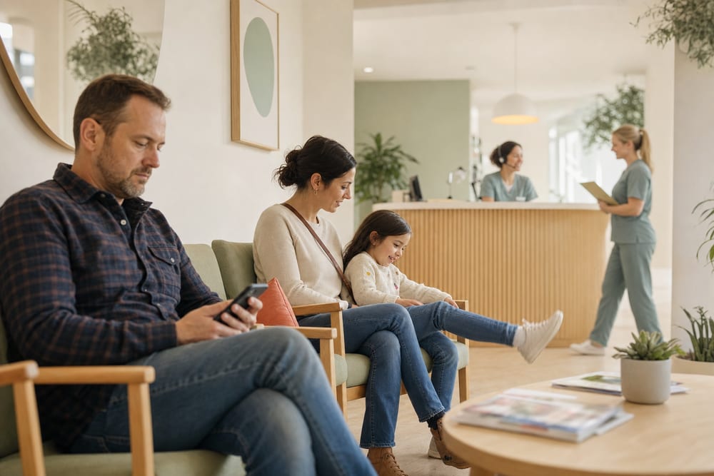 Northlake's waiting room: patients relax on sage-green chairs while Maya takes a call at the desk and Nadia the hygienist walks through